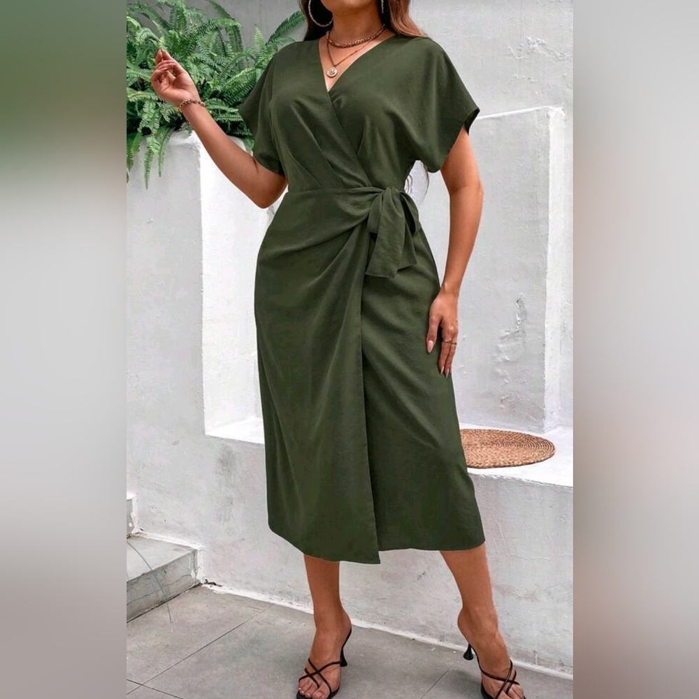 NEW Classic Wrap Tie Shirt Midi Dress PLUS Short Sleeve Olive Green